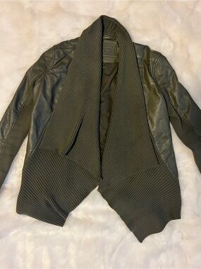 Blank NYC Army Green Faux Leather Jacket with Rib Knit Shawl Collar